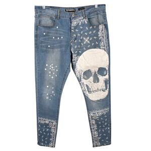 TR Premium Skull Denim Jeans Men's Size‎ 36x32 Y2KPaisley Graffiti Punk Skinny